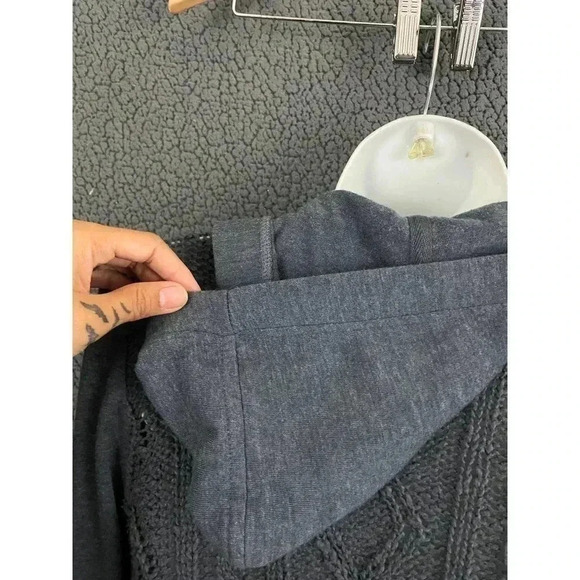 Lucky Lotus Blue Gray Open Front Cardigan XS Cotton Blend Knit Hooded Sweater - Picture 8 of 10